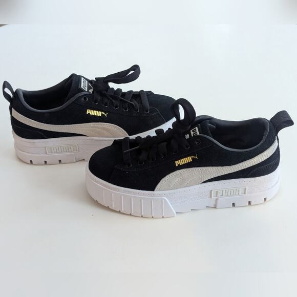 Puma Mayze Women's Chunky Platform Black White Leather Sneakers Trainer, Sz US 7 - Picture 2 of 10